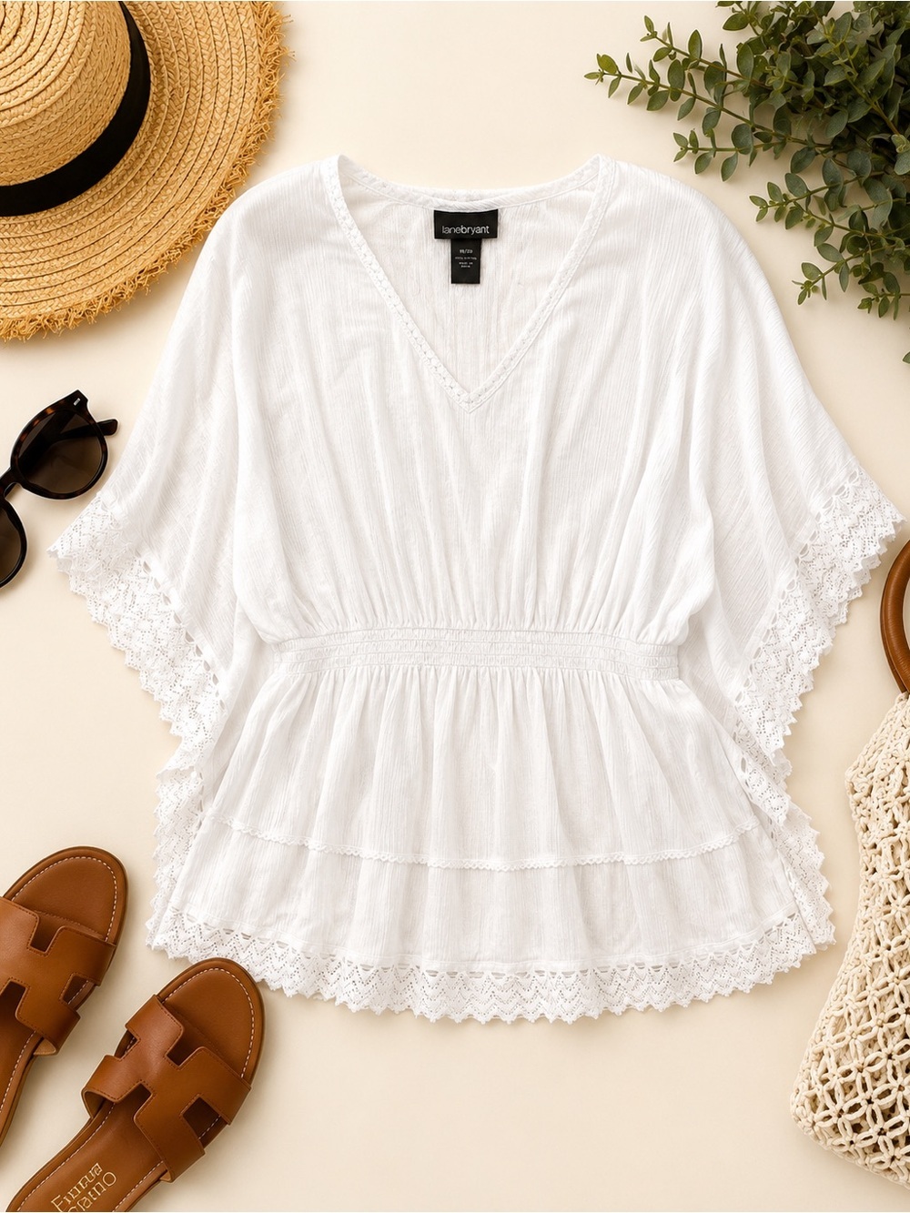 Lane Bryant White Cotton Lace Trim Boho Peasant Blouse Size 18/20